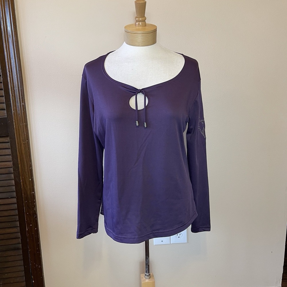Harley Davidson Womens Purple Keyhole Tie Neck Long Sleeve Top Large Biker Logo